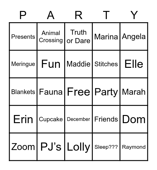 Slumber Party Bingo Card