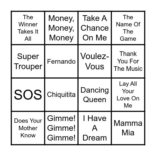 ABBA Bingo Card