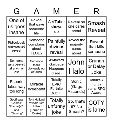 Game Awards Bingo Card