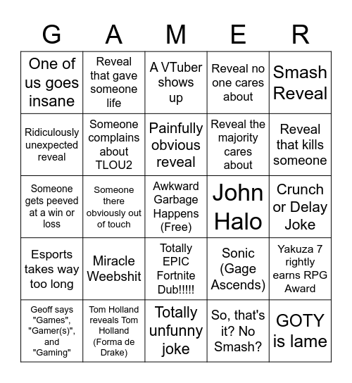 Game Awards Bingo Card