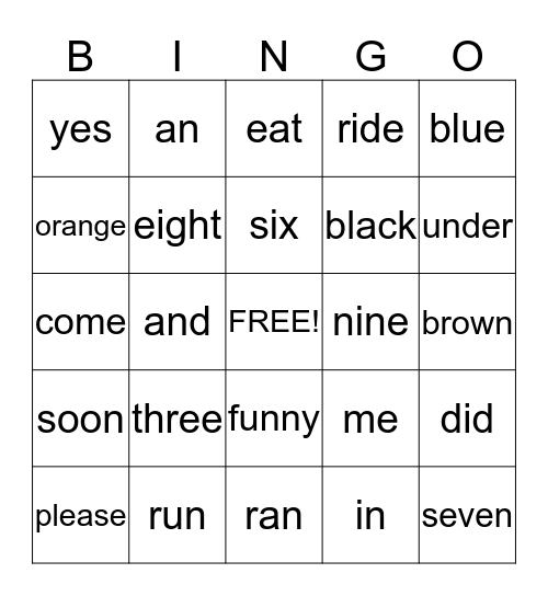 SIGHT WORD BINGO Card