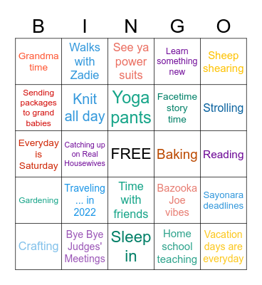 Mary-Lou's Retirement Bingo Card