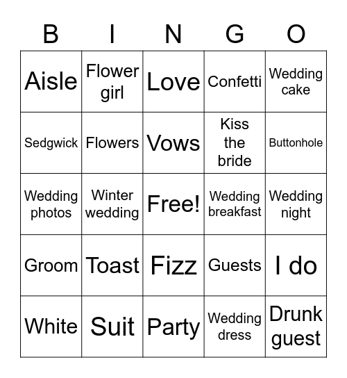 Sedgwick Wedding Bingo Card