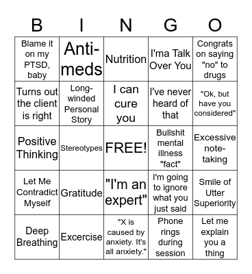 Know-it-all Therapist Bingo Card