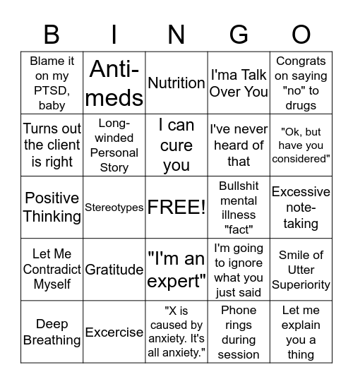 Know-it-all Therapist Bingo Card