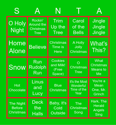 Christmas Movies Music Bingo Card