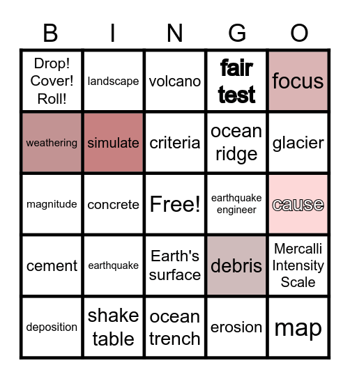 Changing Earth Vocabulary Bingo Card