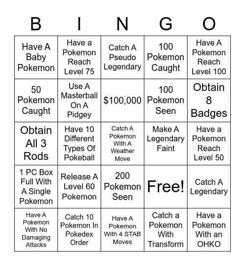 Pokemon Bingo Card