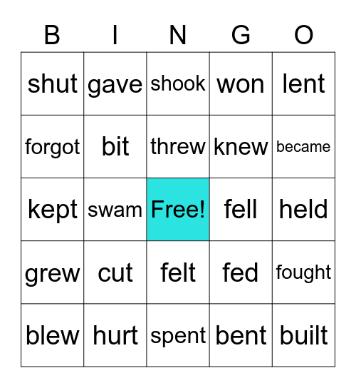 Irregular Past Tense Bingo Card