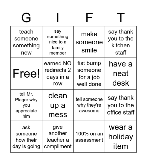 Holiday GIFT Challenge Bingo Card