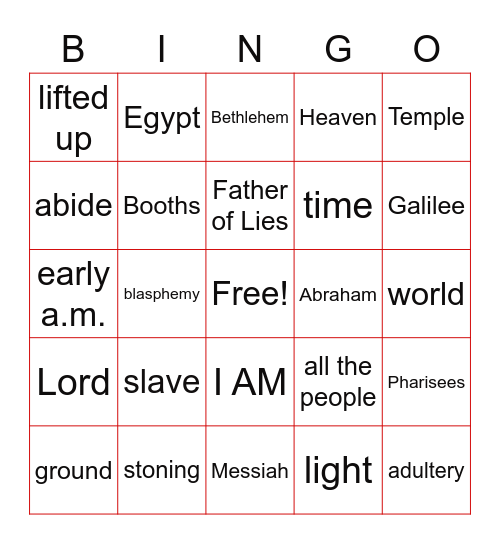 John 8: Jesus the Light of the World Bingo Card