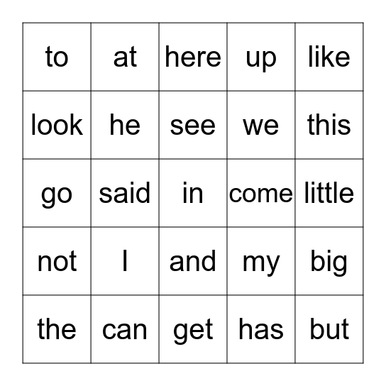 Kindergarten Quizmo Bingo Card