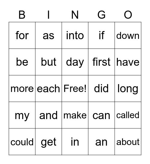 Fry Words 1-50 Bingo Card