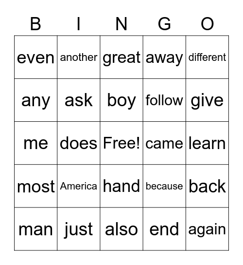 Fry Words 101-150 Bingo Card