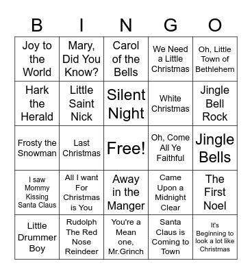 Christmas Songs Bingo Card