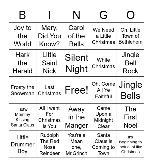 Christmas Songs Bingo Card