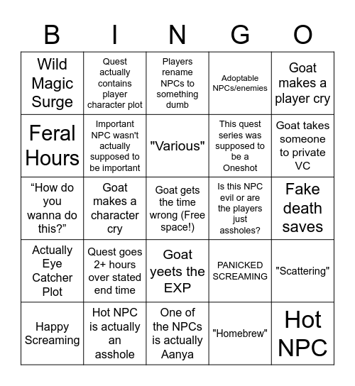 Goat Quest Bing Bingo Card