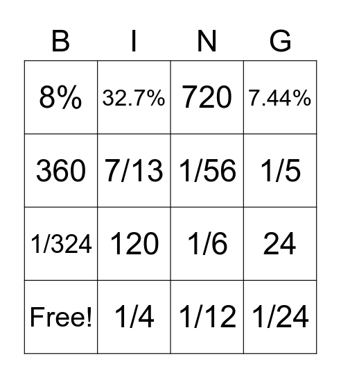 PROBABILITY BINGO Card