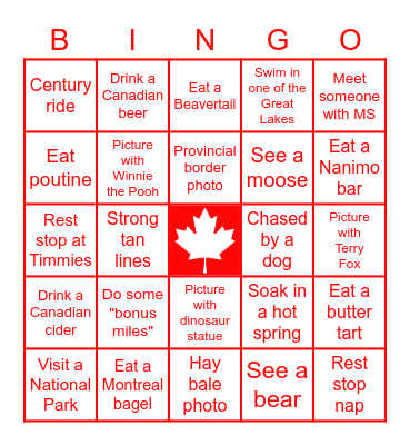 Bike Canada Bingo Card