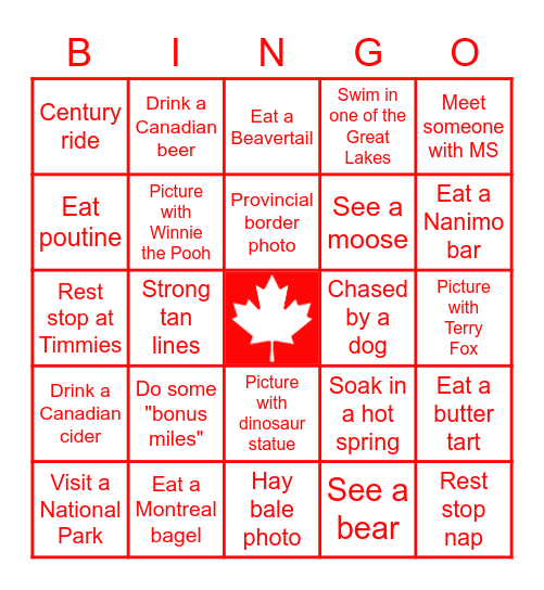 Bike Canada Bingo Card