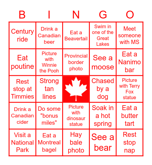 Bike Canada Bingo Card