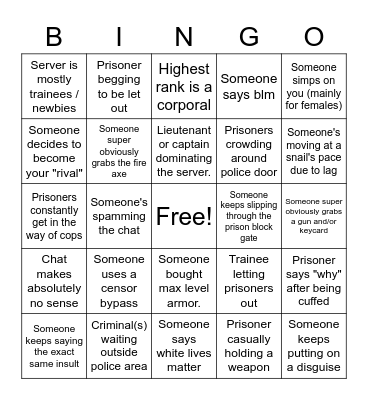 Roblox Prison Break Bingo Card