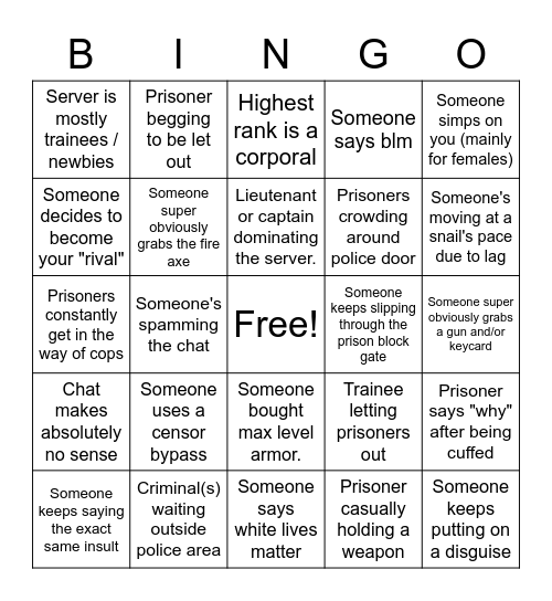 Roblox Prison Break Bingo Card