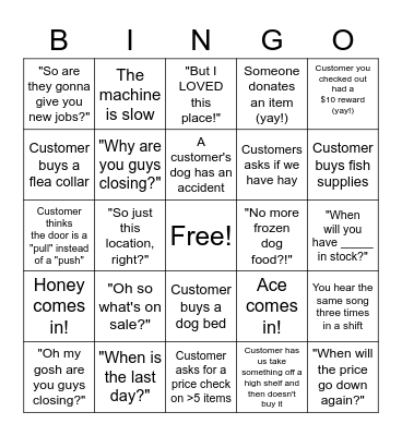 Store Closing Bingo Card