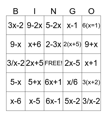 Ms. Butler's Algebra 1 Bingo Card