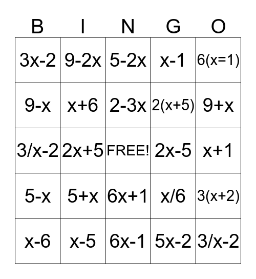 Ms. Butler's Algebra 1 Bingo Card