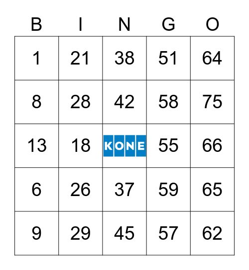KONE Card Set 29 Bingo Card