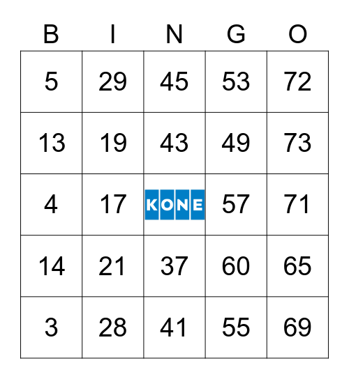 KONE Card Set 69 Bingo Card