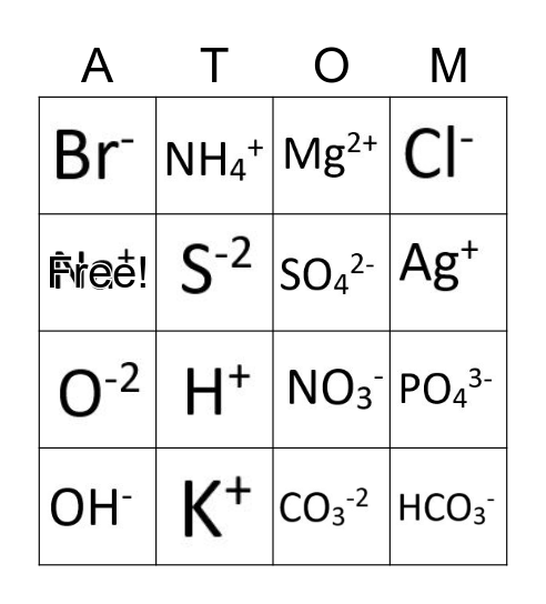 cations and anions Bingo Card