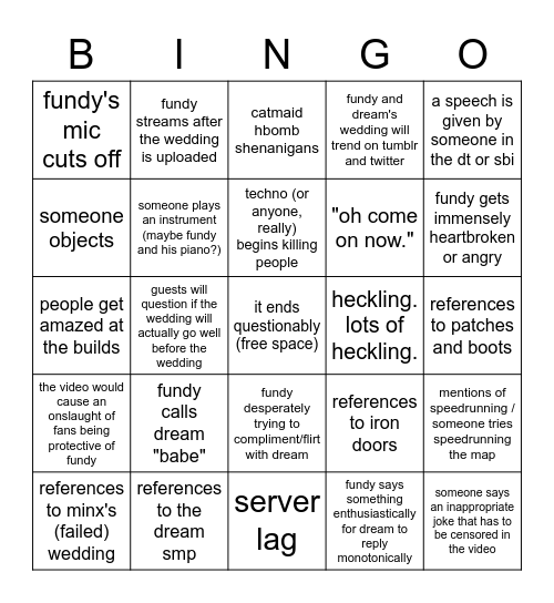 fundy & dream's wedding bingo Card