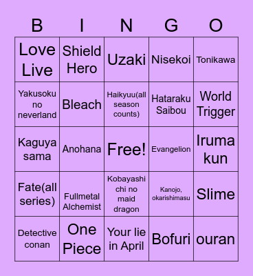 Anime/Manga Bingo Card