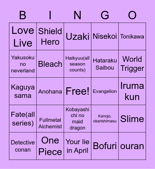Anime/Manga Bingo Card