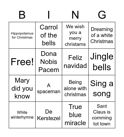 Zangwerkplaats Kerstliedjes Bingo Card