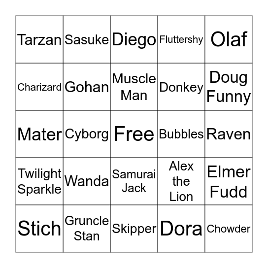 Famous Cartoon Characters Bingo Card