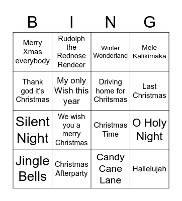 X-mas Song Bingo Card