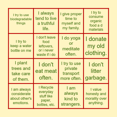 Ethical Living Bingo Card