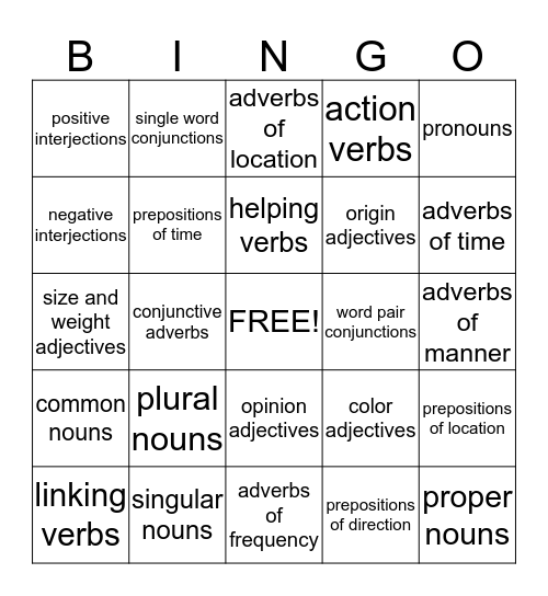 Parts Of Speech BINGO Card