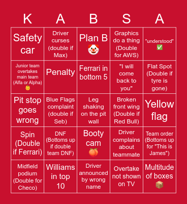 Sakhir GP Bingo Card