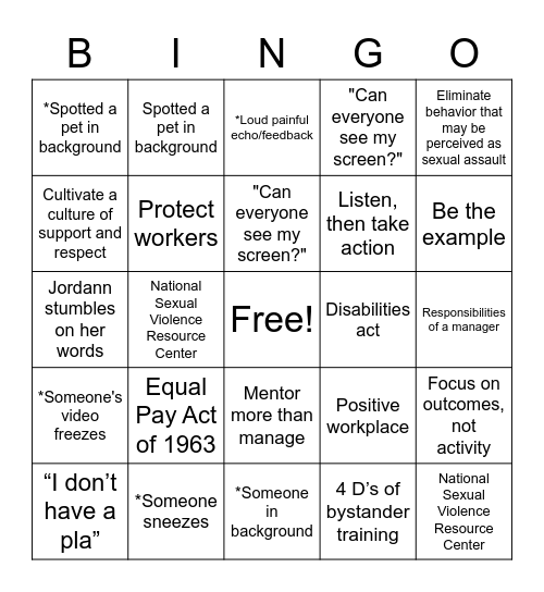 Workplace Culture Bingo Card