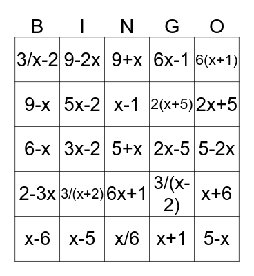 Ms. Butler's Algebra 1 Bingo Card