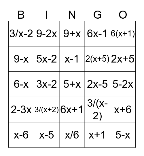 Ms. Butler's Algebra 1 Bingo Card