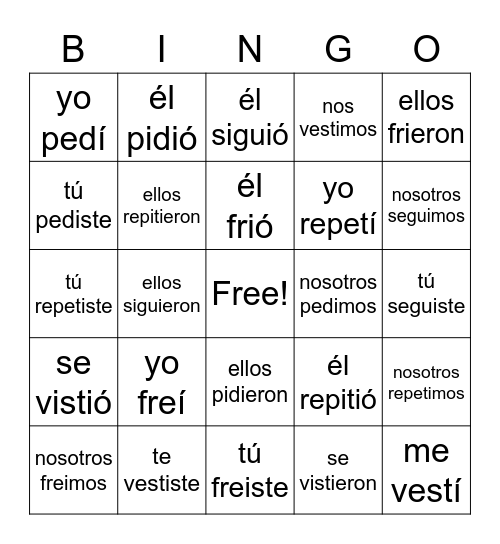 StemChangers in the Preterite Bingo Card
