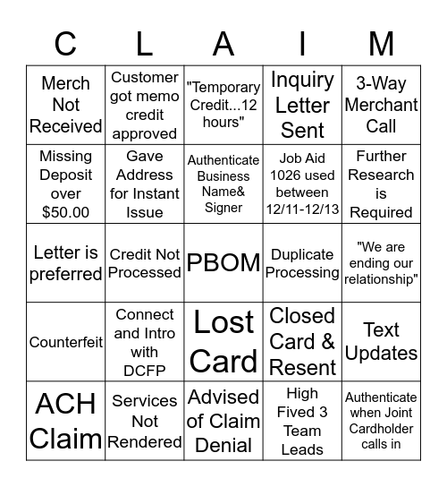 Claims Bingo Card