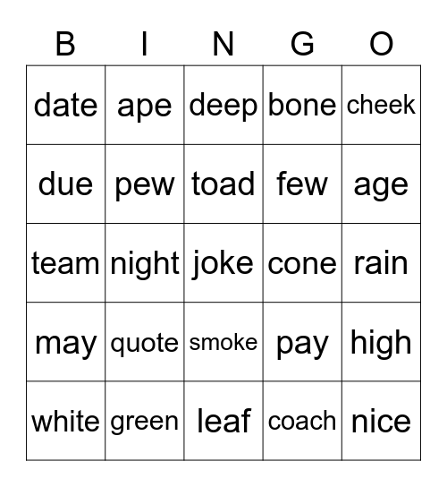long vowels Bingo Card