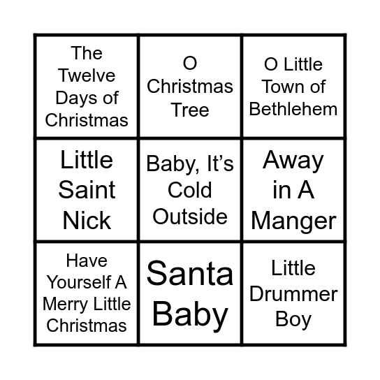 Christmas Songs and Carols Bingo Card