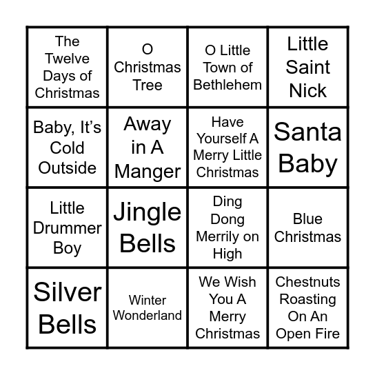 Christmas Songs and Carols Bingo Card